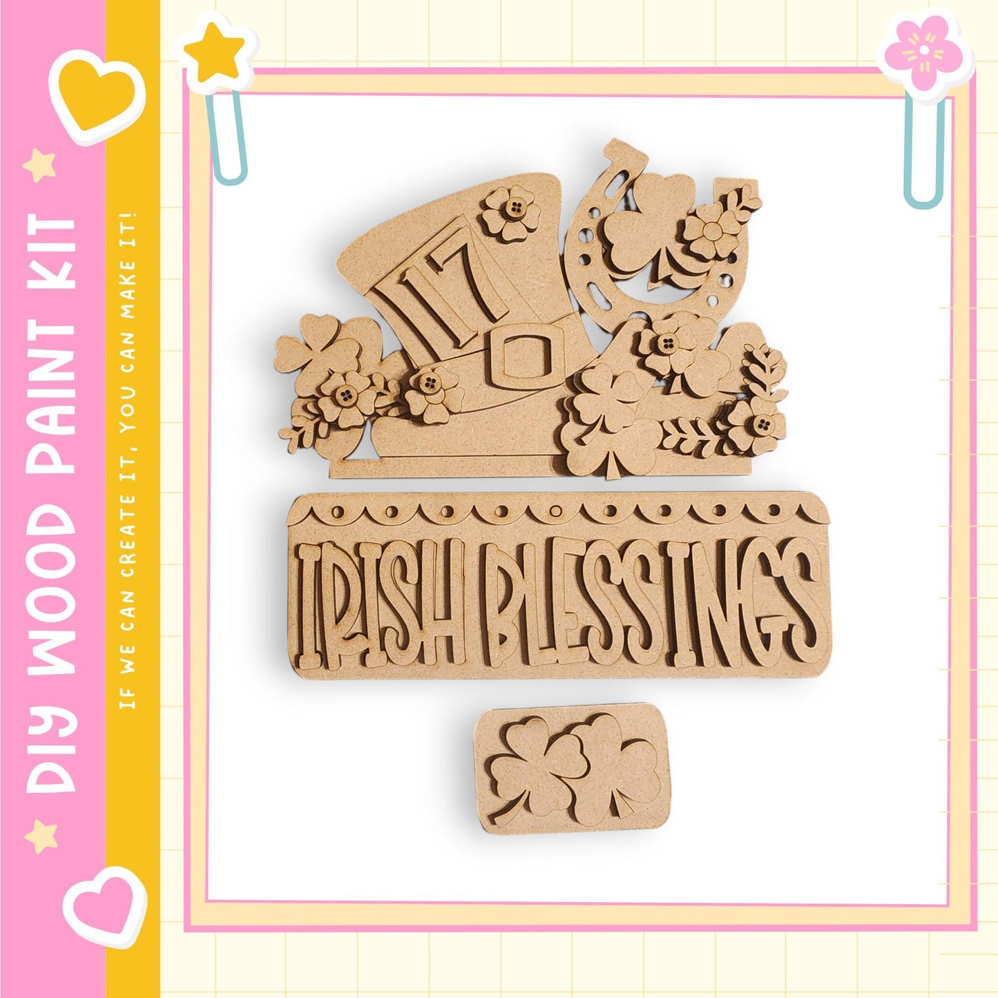 a wooden paint kit with a decorative design, including a cloverleaf pattern and the text "Irish Blessings".