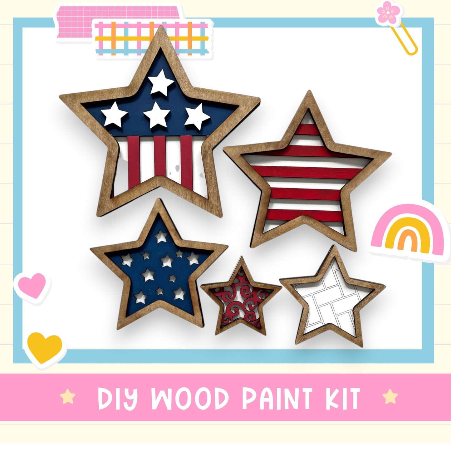 a group of wooden stars with a rainbow in the background