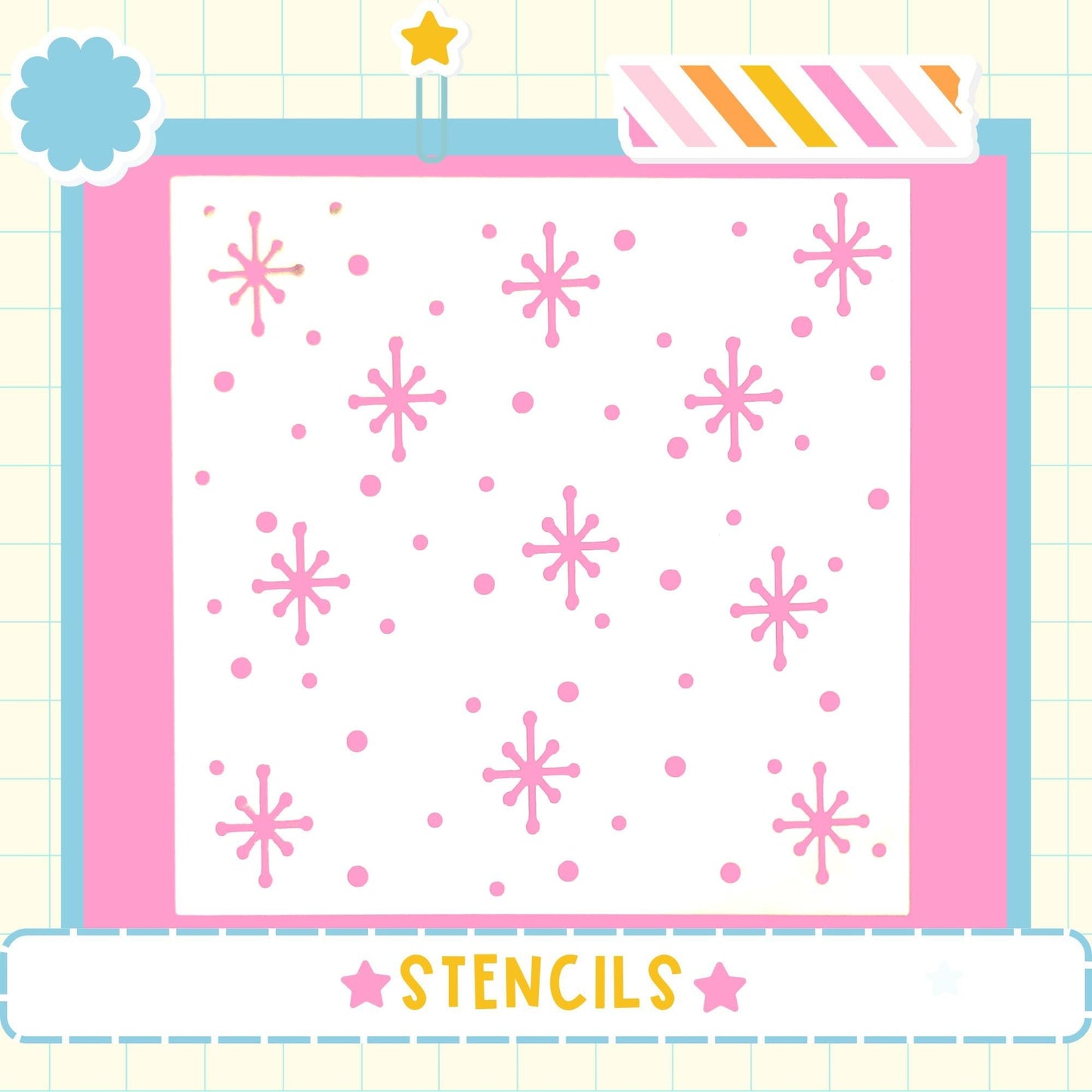 The image is a collage of various images, including a pink and white background with pink snowflake-like shapes and a star. The word "STENCILS" is displayed in the bottom right corner of the image.