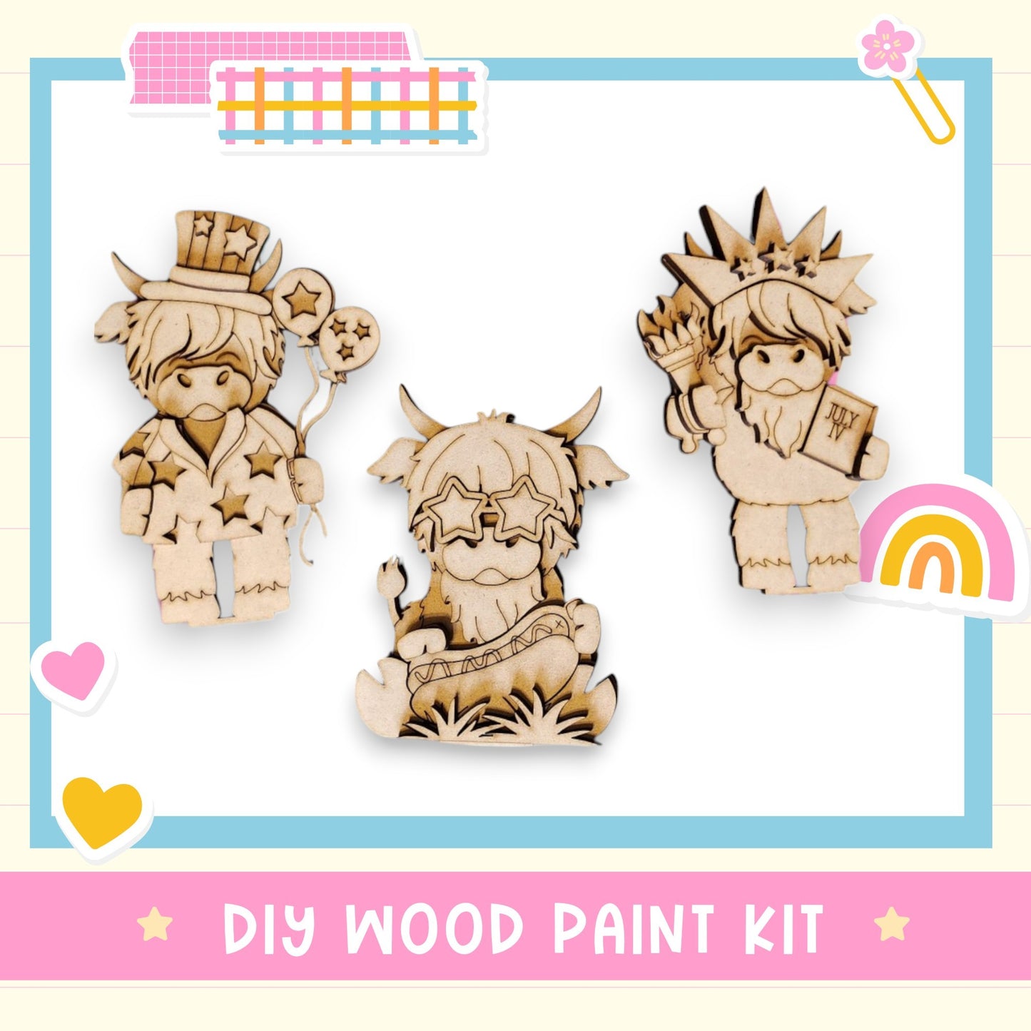three wooden cutouts of cartoon characters on a white background