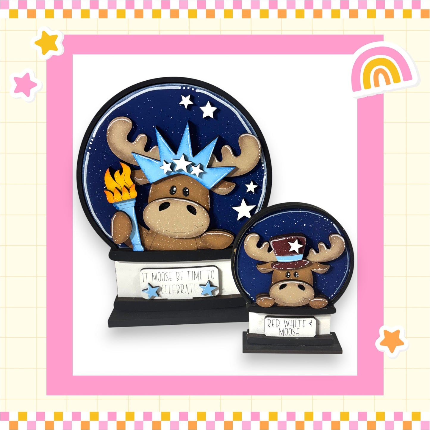 A snow globe featuring a moose wearing a hat and holding a torch, surrounded by stars and a rainbow.