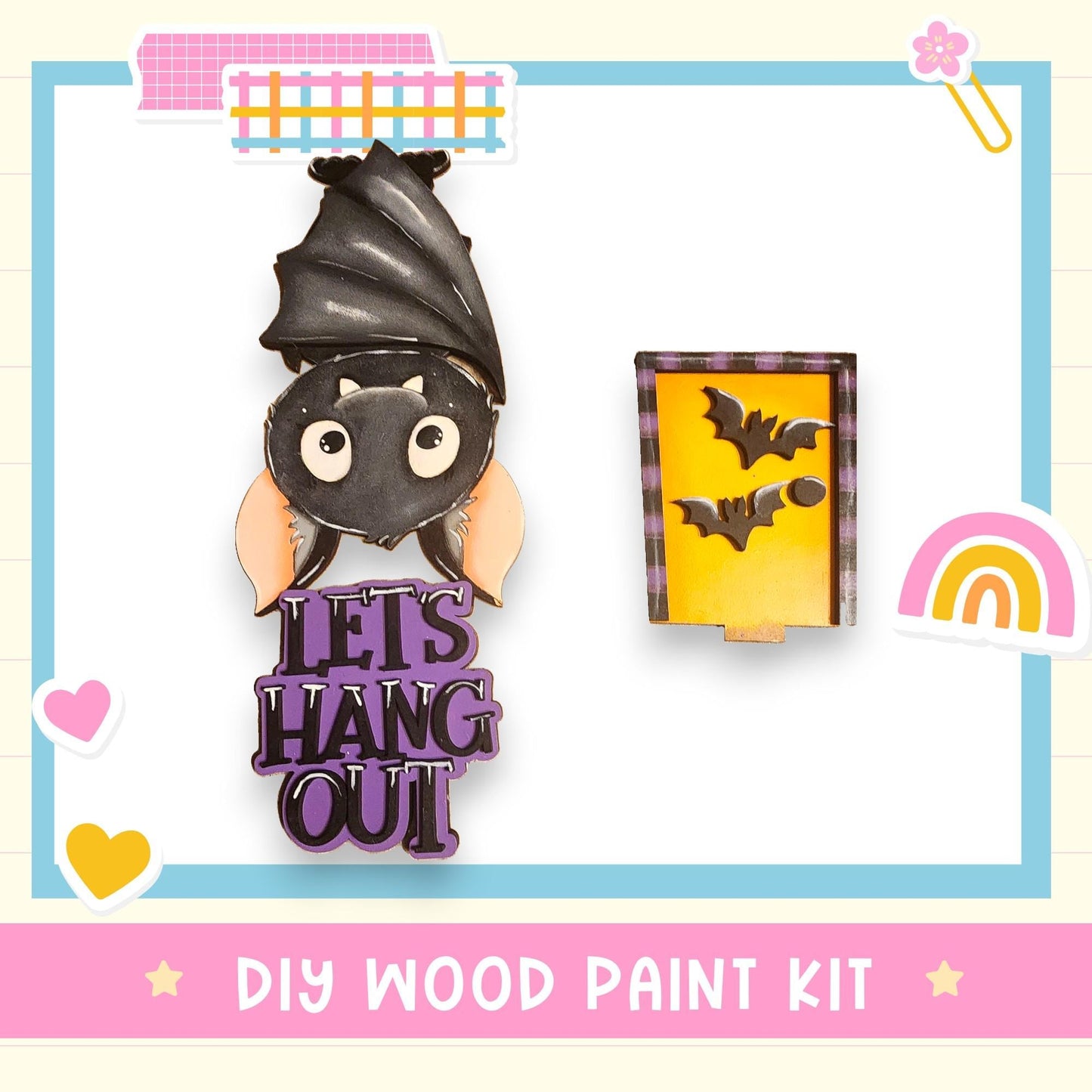 The image is a DIY wood paint kit featuring a bat and a sign with the phrase "Let's hang out".