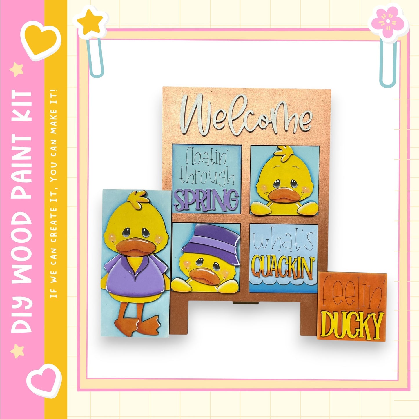 The image is a colorful and playful display featuring a cartoon duck and various text elements related to the duck and spring.
