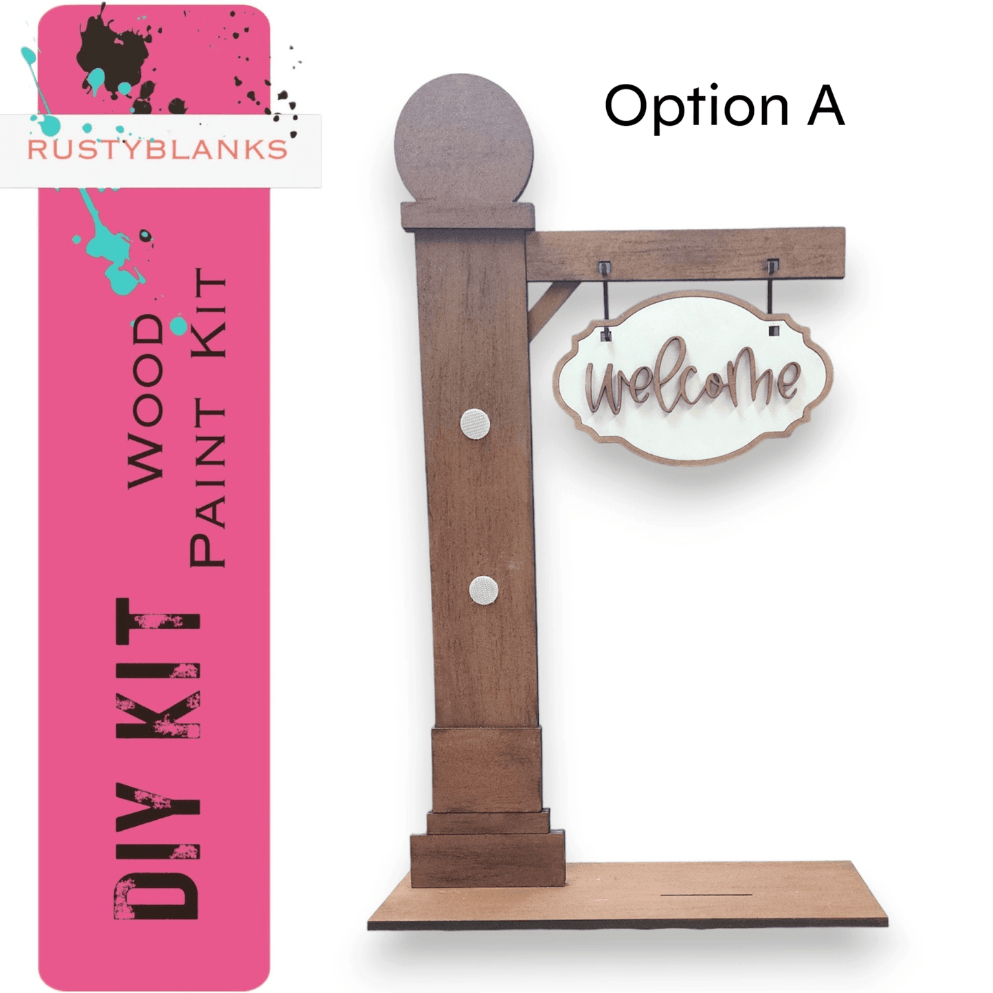 a wooden sign with a welcome sign hanging from it's side