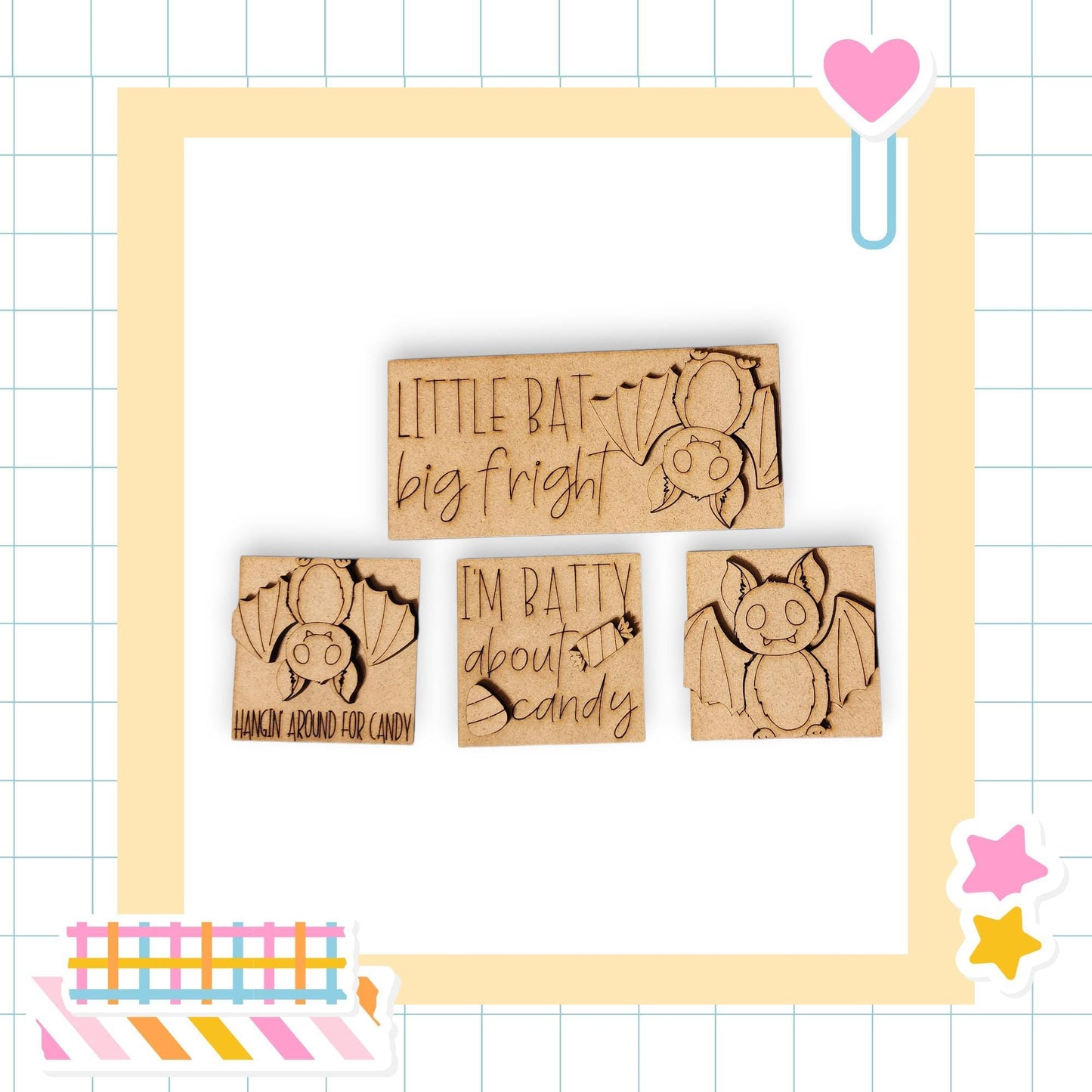 three wooden cutouts of bats, each with a different message carved into it. The bat cutouts are arranged in a frame, which is set against a background with a grid pattern.