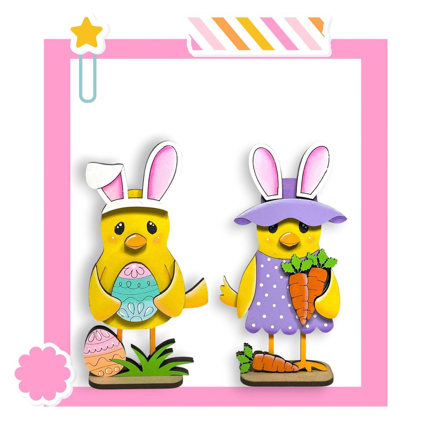 a couple of yellow chickens standing next to each other