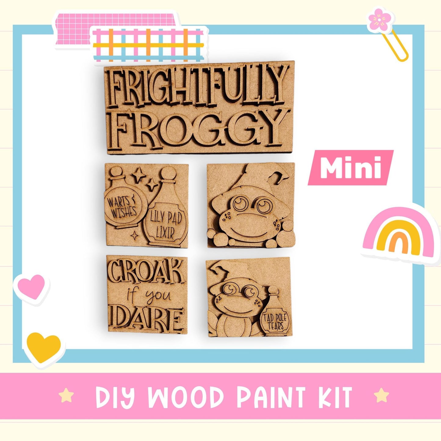 The image is a DIY wood paint kit featuring a variety of cute and whimsical frog-themed designs.