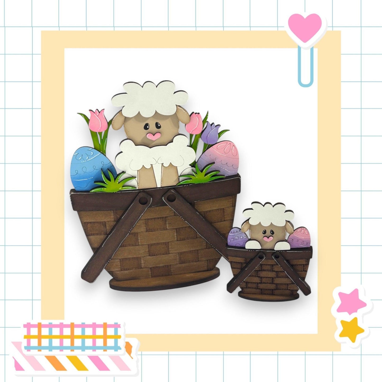 a picture of a sheep in a basket with eggs