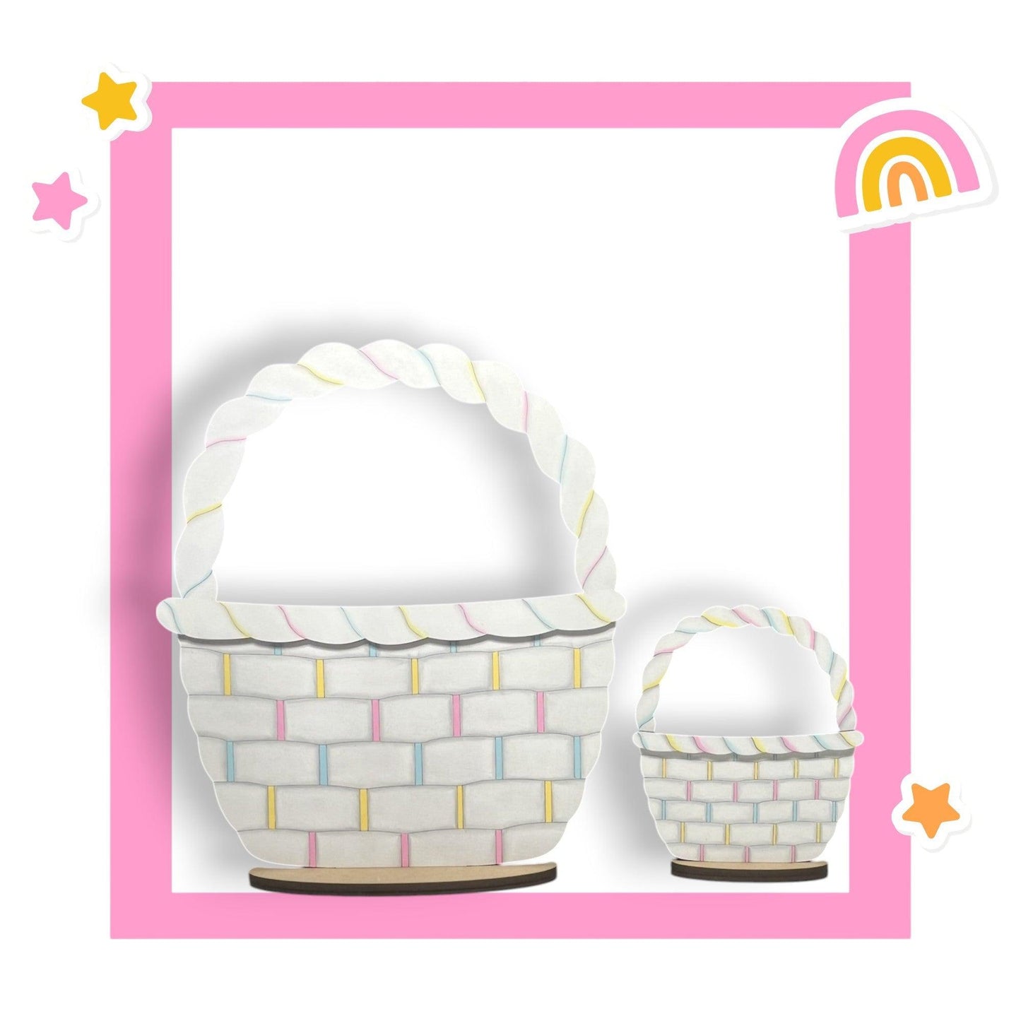a white basket and a basket with a rainbow in the background