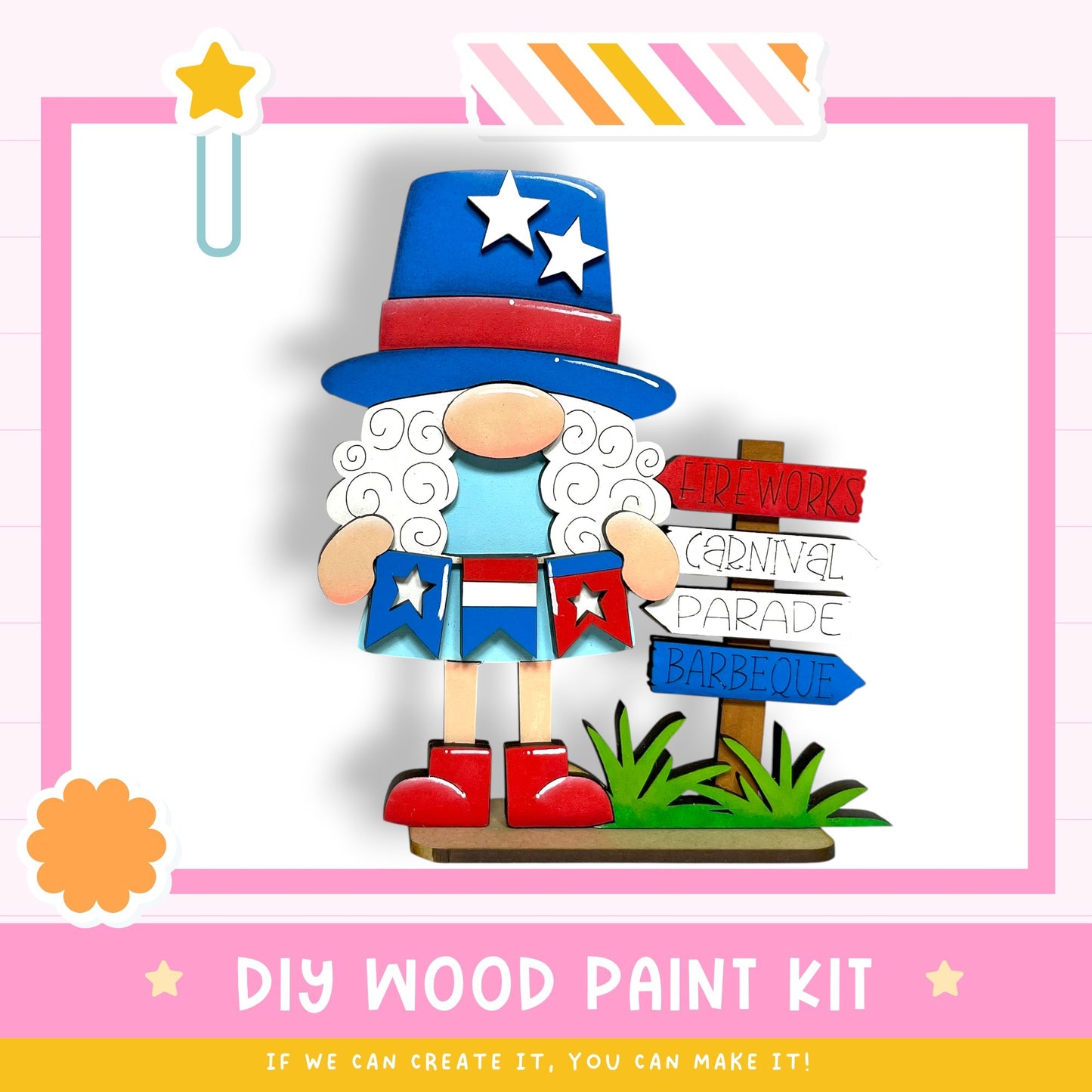 A DIY wood paint kit for creating a wooden gnome figure, with a signpost indicating a "Fireworks Carnival Barbecue" event.