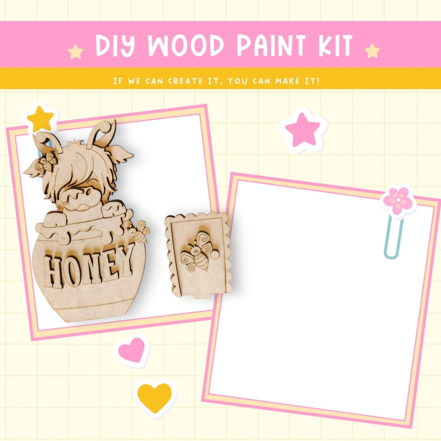 a wooden craft kit with a picture of a dog in a basket