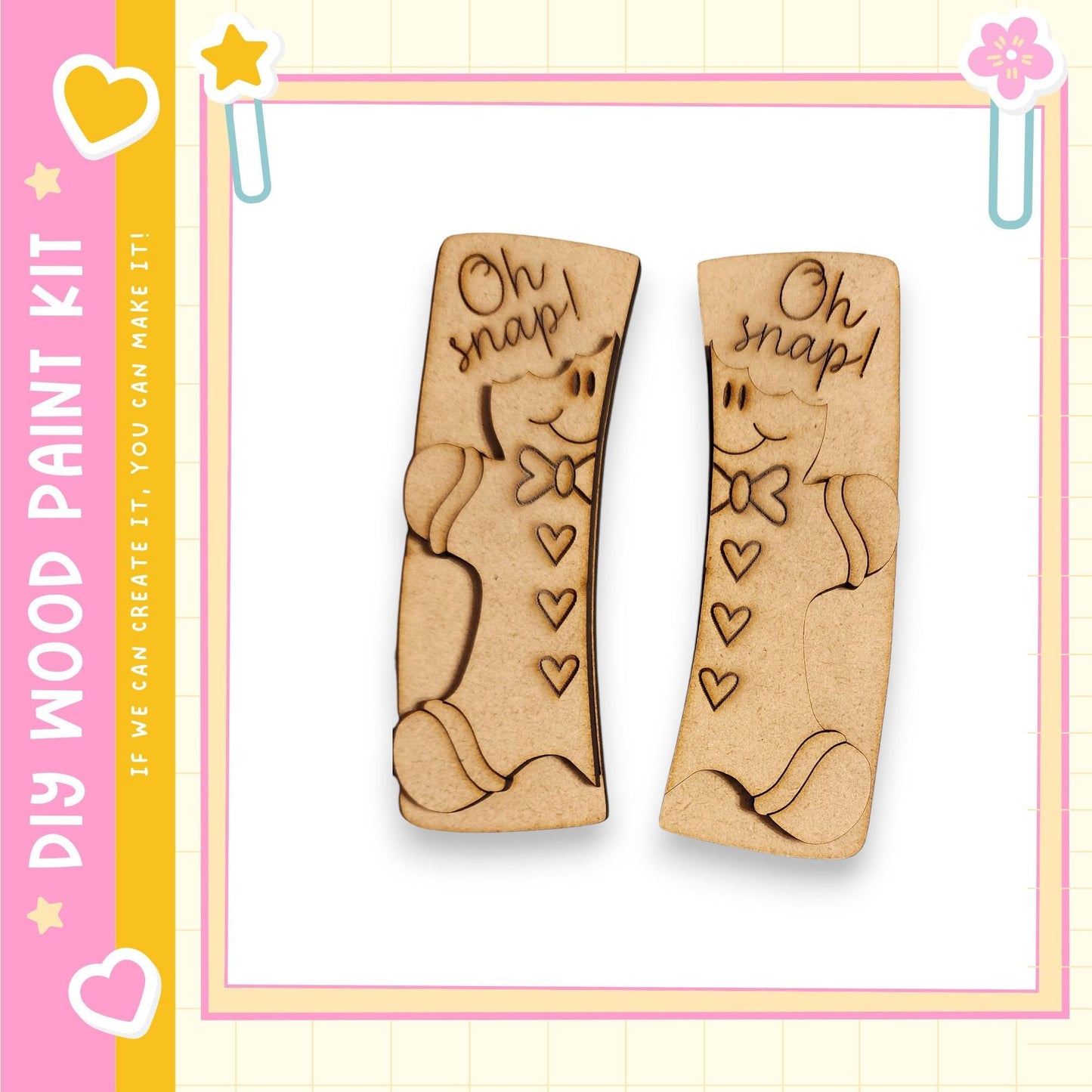 two wooden cutouts with the text "Oh snap!" carved into them.