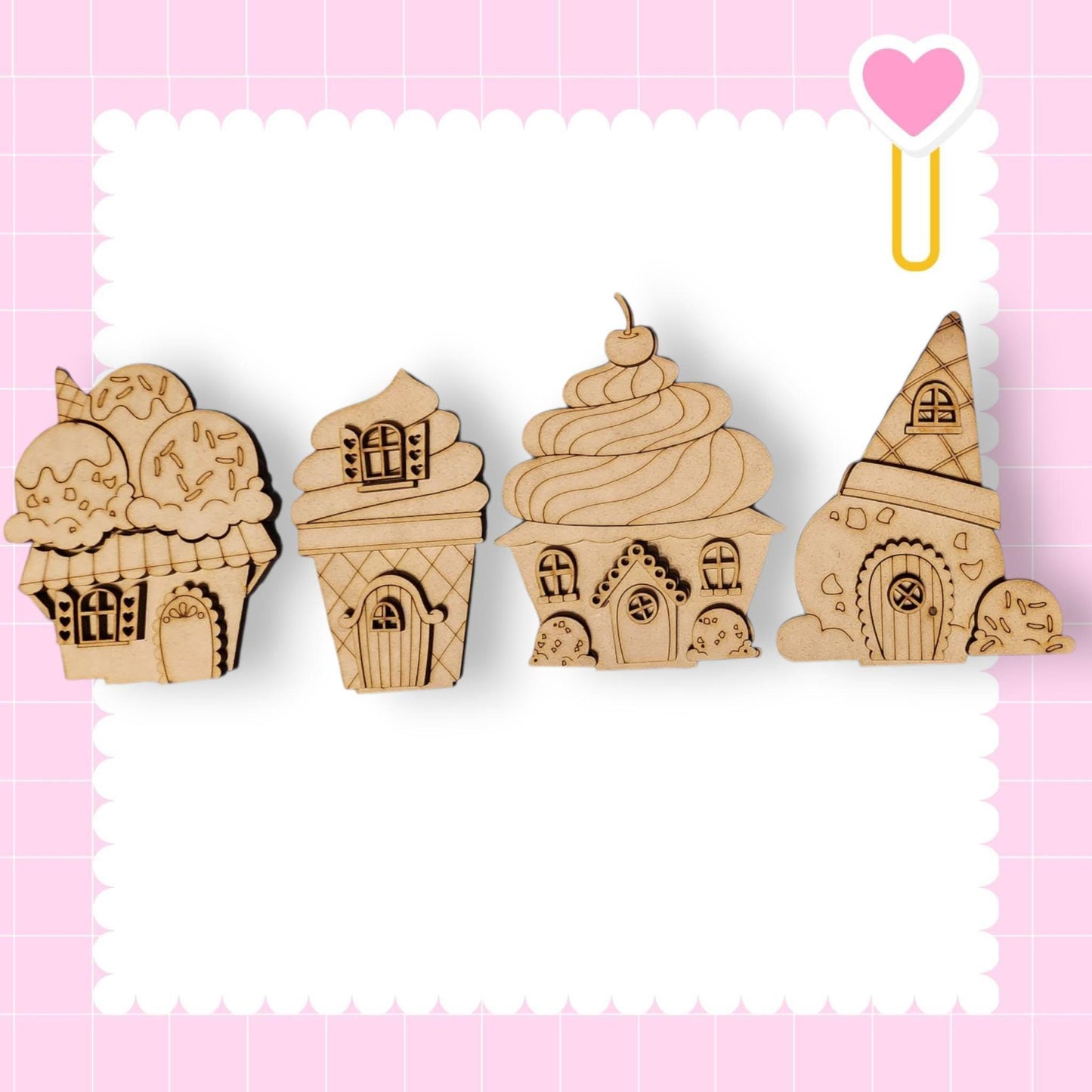 a wooden cutout of three ice cream cones