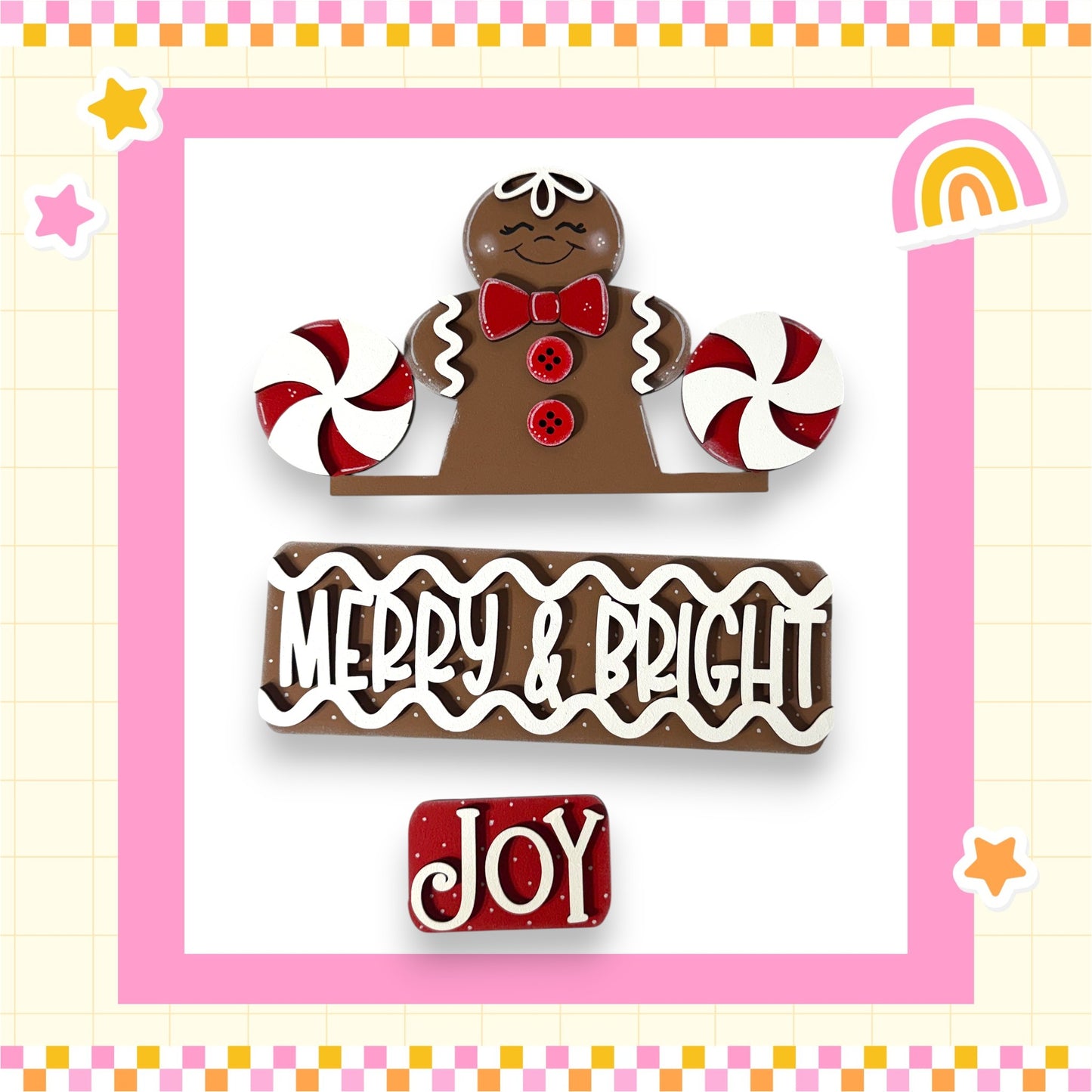 A festive holiday-themed image featuring a gingerbread man figure with candy canes, surrounded by a pink and white checkered border and the text "Merry & Bright Joy" in the center.