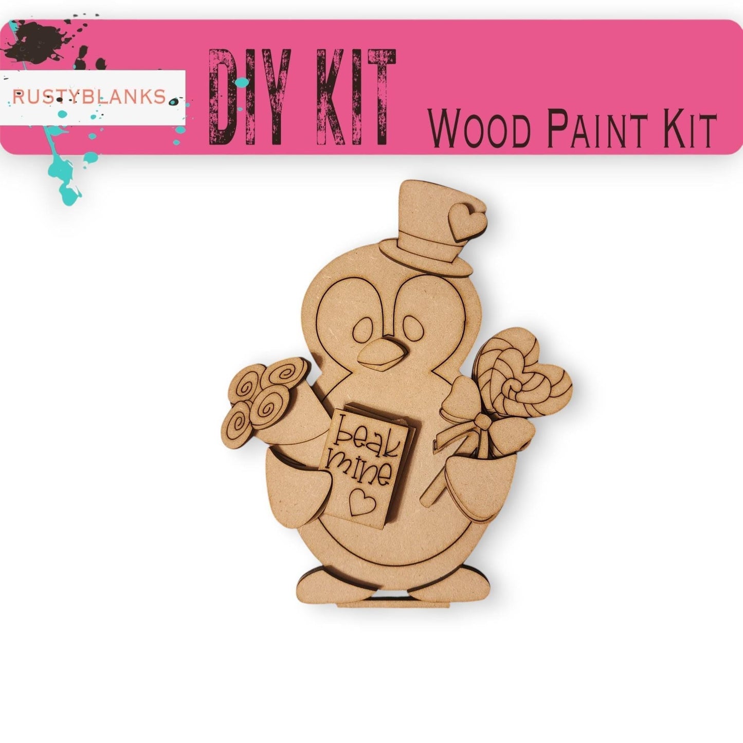 a wooden craft kit with a penguin holding a rose