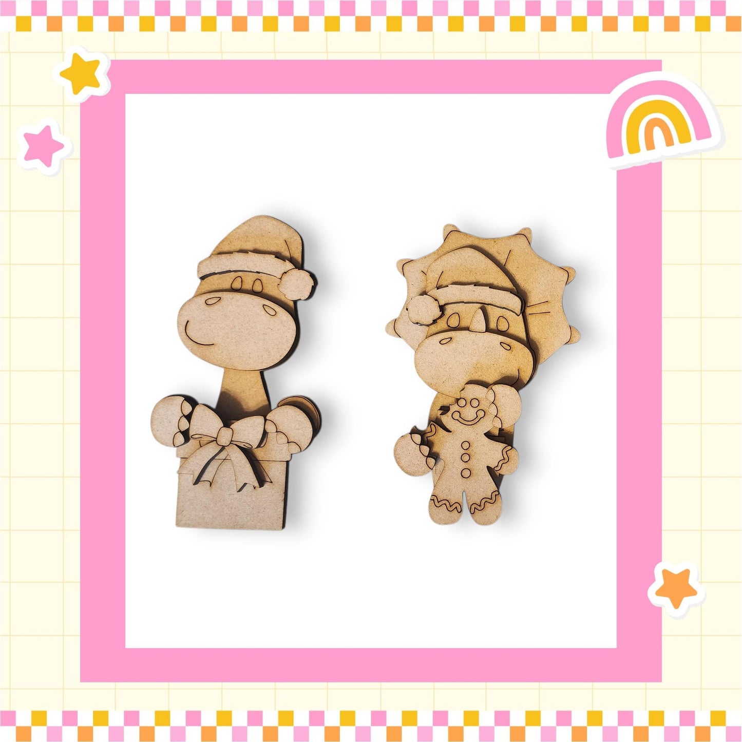 two wooden toys, a dinosaur and a sun, set against a pink and yellow checkered background with stars and a rainbow.
