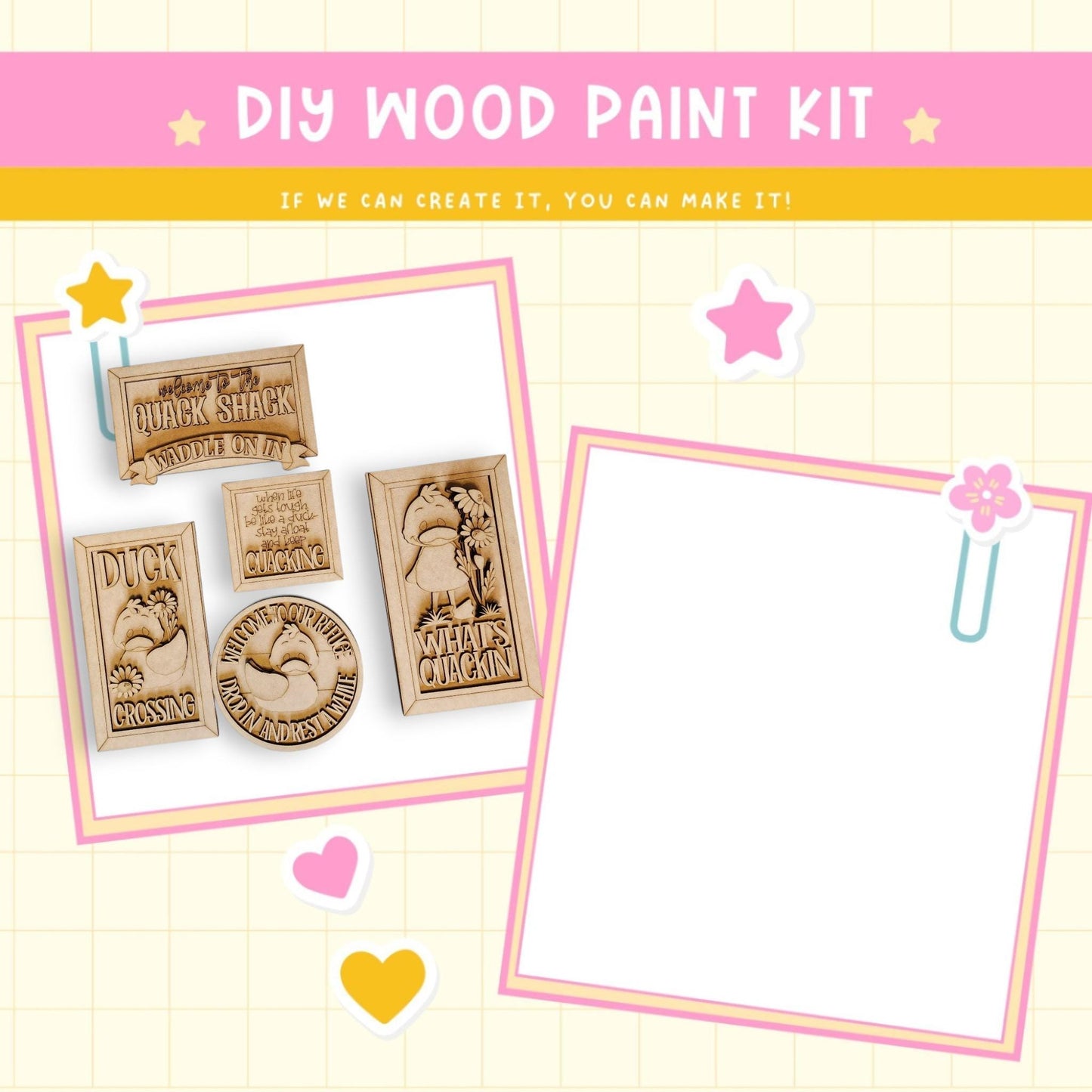 a wooden craft kit with a picture frame and stamps