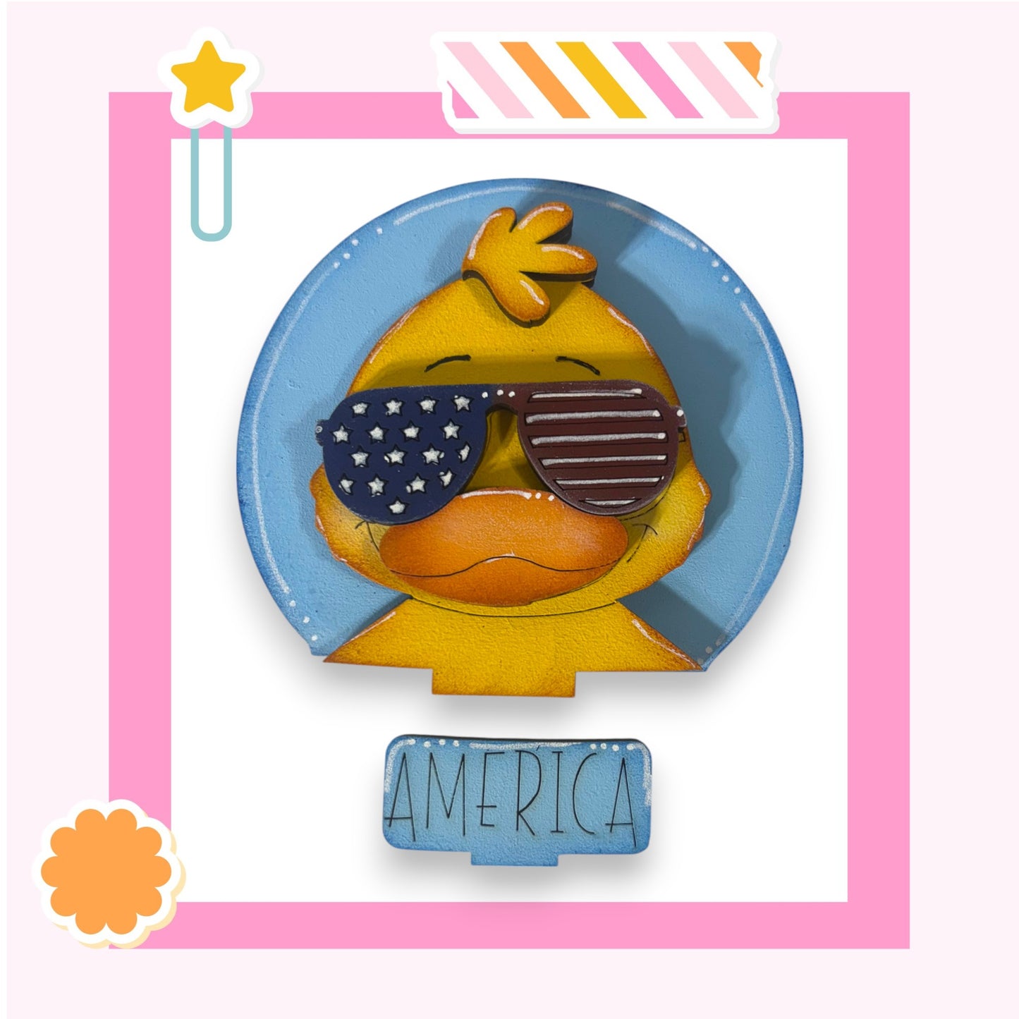 A yellow duck wearing sunglasses and the word "AMERICA" is displayed against a pink background.