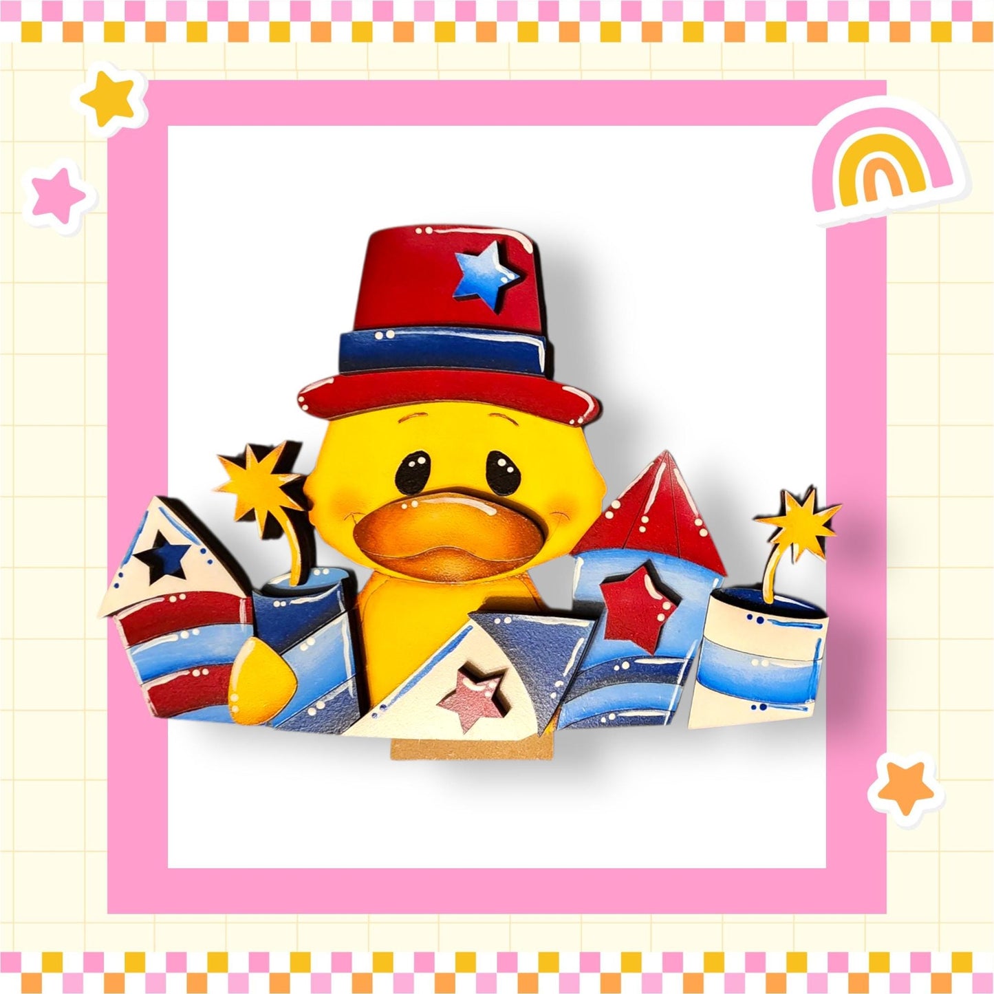 a yellow duck wearing a red hat and holding a star