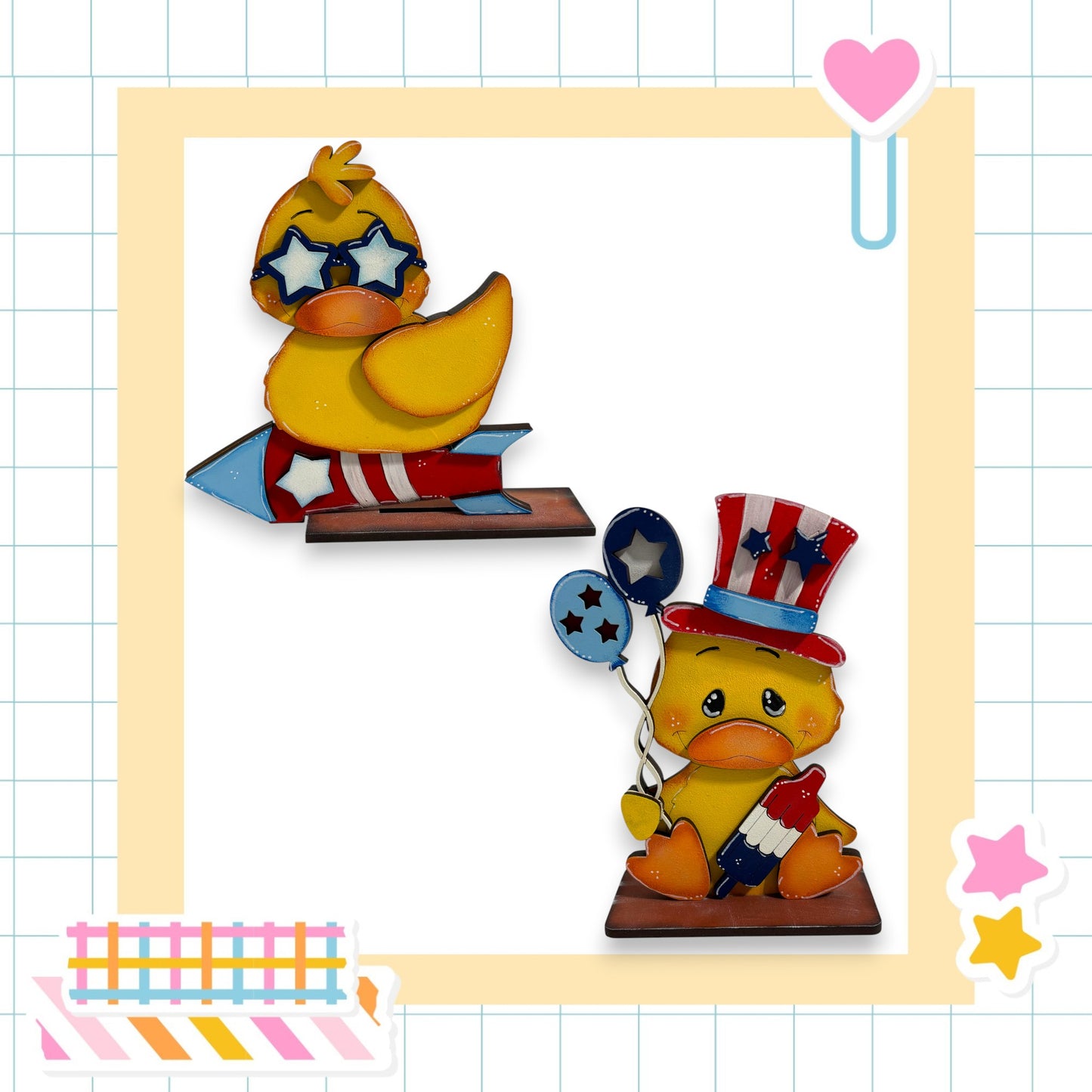 two cartoon duck figures, one wearing a hat and the other holding a balloon, set against a yellow and white checkered background.