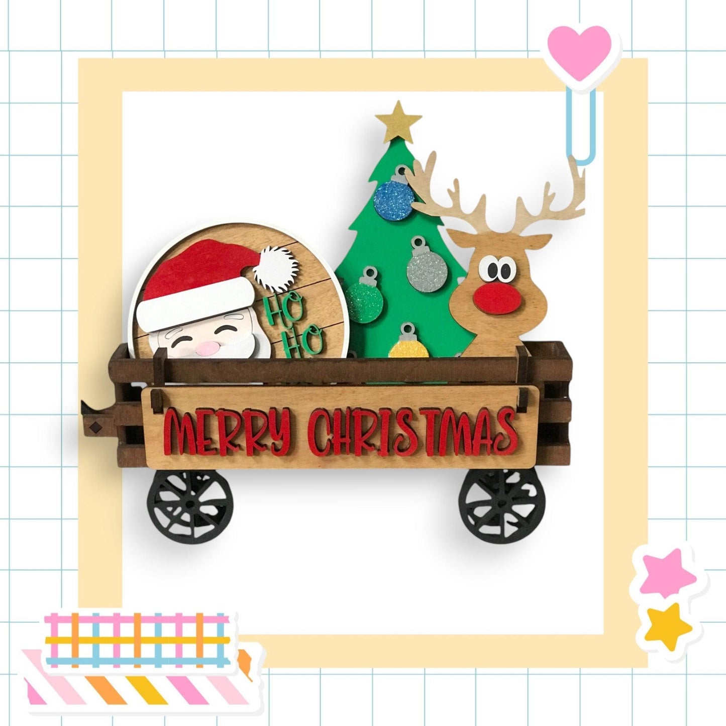 a christmas card with a santa clause and reindeer on a wagon