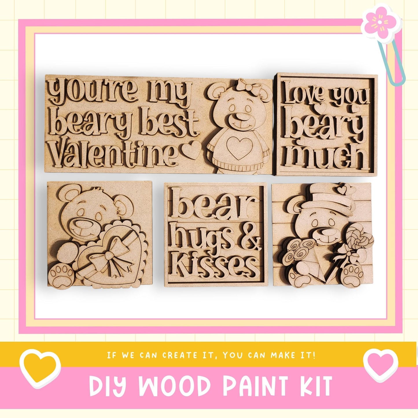 The image is a promotional image for a DIY wood paint kit, featuring various wooden shapes and designs, including a bear and a heart.
