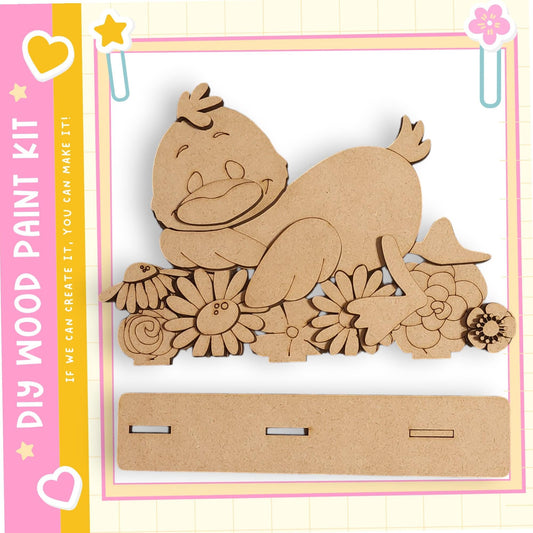 a wooden paint kit with a cute cartoon duck and various flowers.