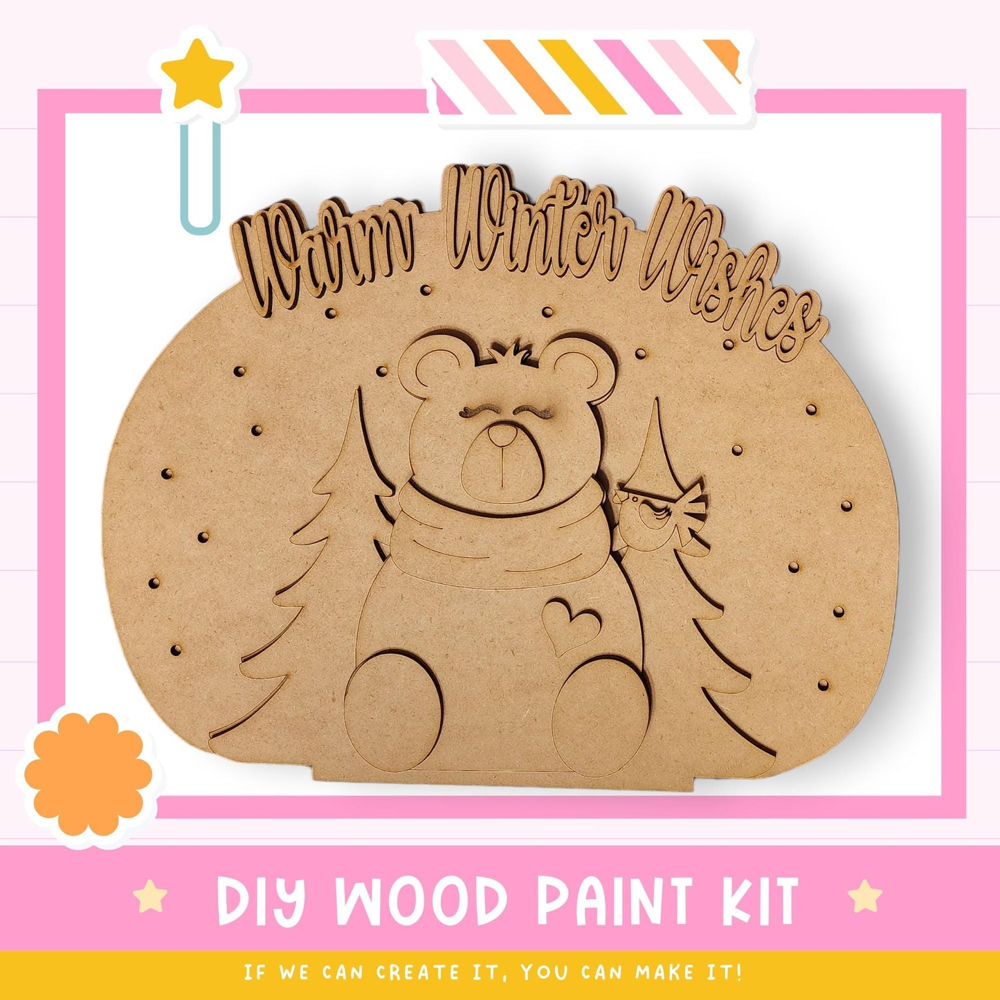 a DIY wood paint kit for creating a winter-themed decoration, including a wooden bear and a snowflake.