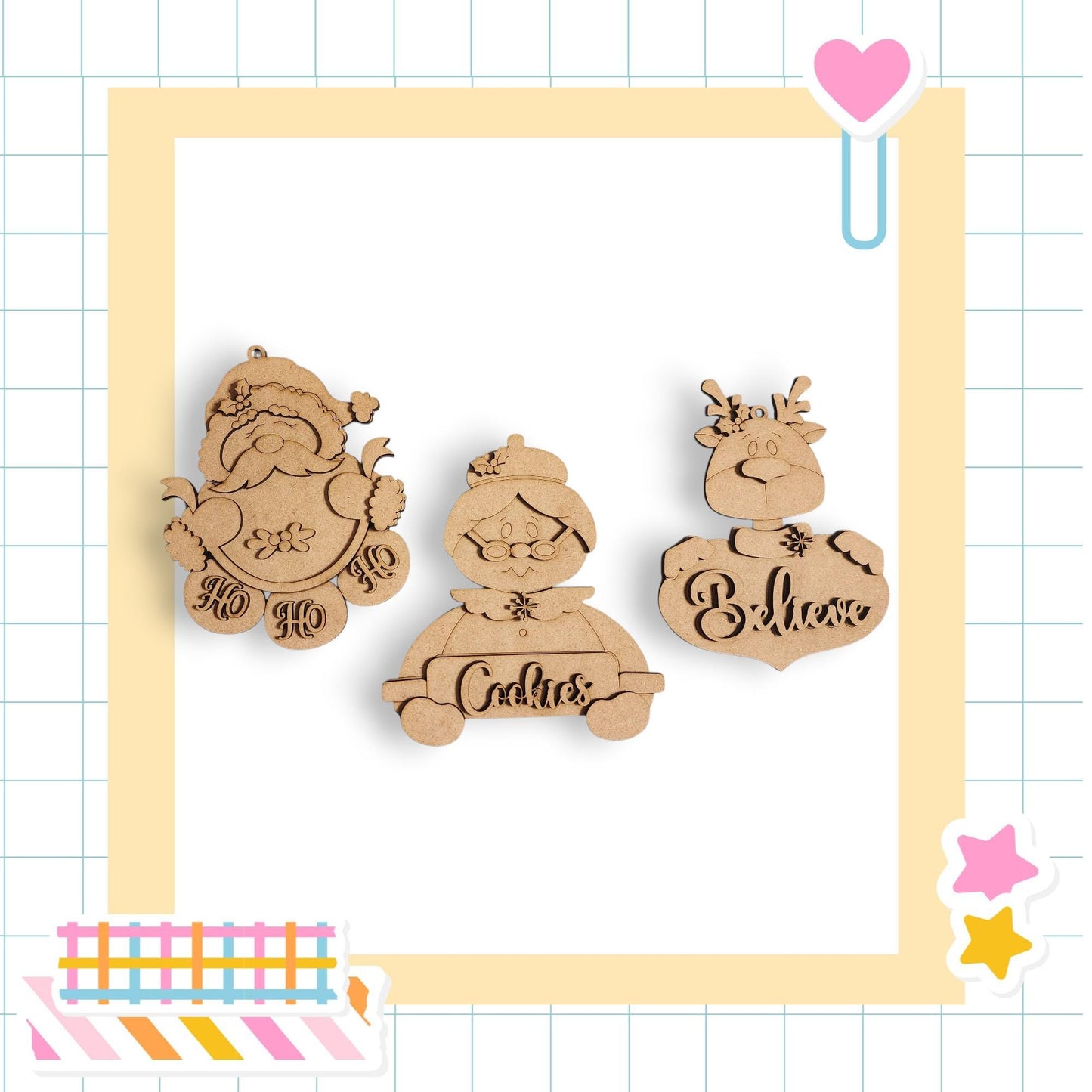 three wooden ornaments with names written on them, displayed within a decorative frame.