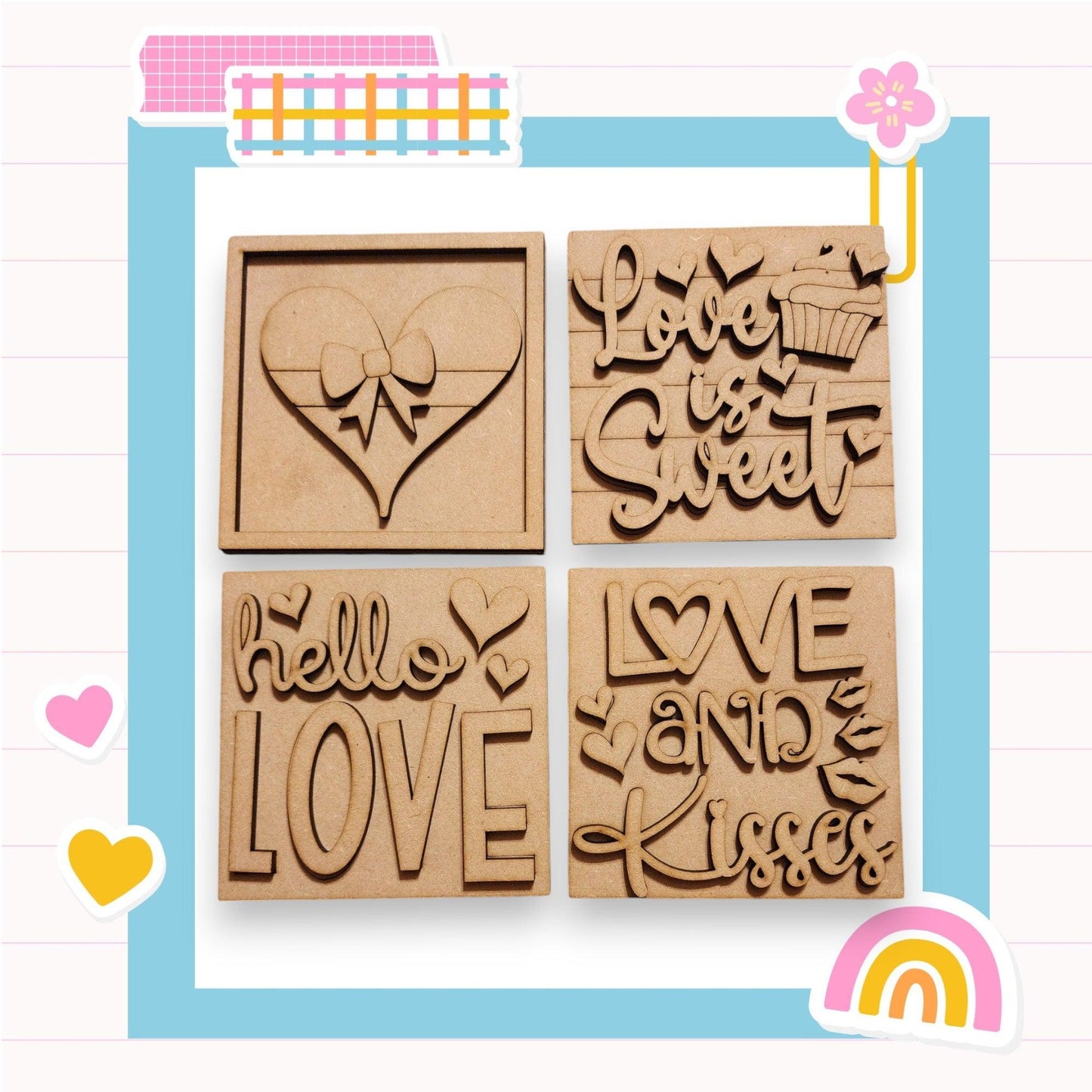 a set of four wooden stamps with words and hearts