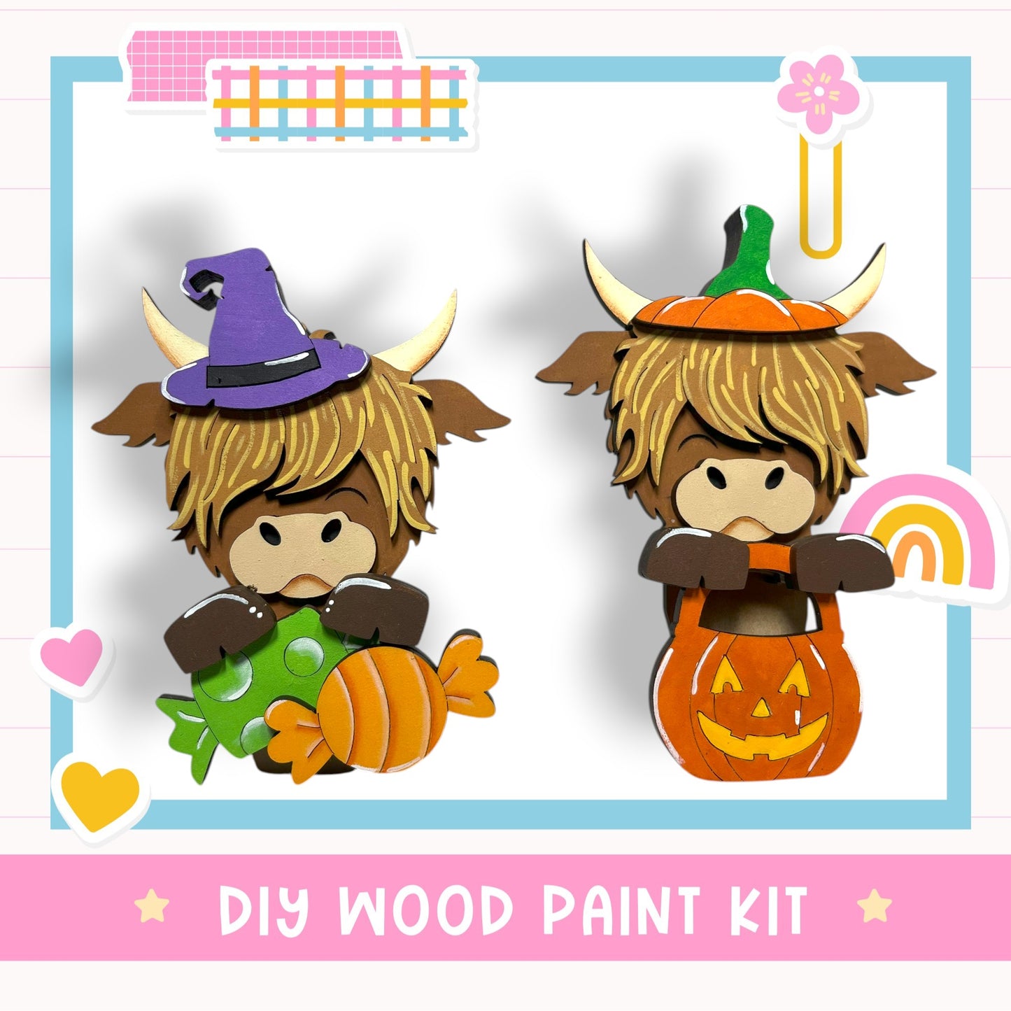 two cartoon cow characters wearing witch hats and holding candy and a pumpkin, along with a DIY wood paint kit and a pink background.