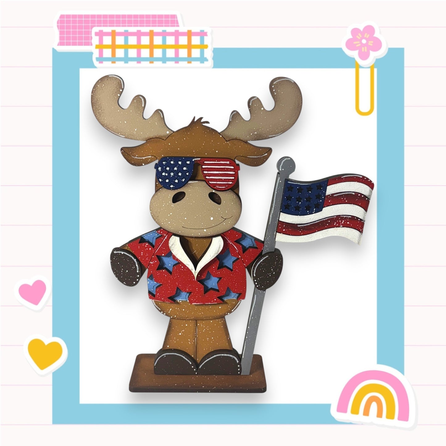 A cartoon moose wearing sunglasses and holding an American flag, set against a background with various colorful and whimsical elements.