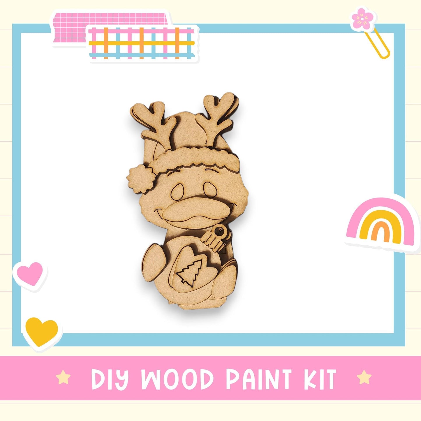 a DIY wood paint kit, including a wooden reindeer figure and a heart-shaped ornament.