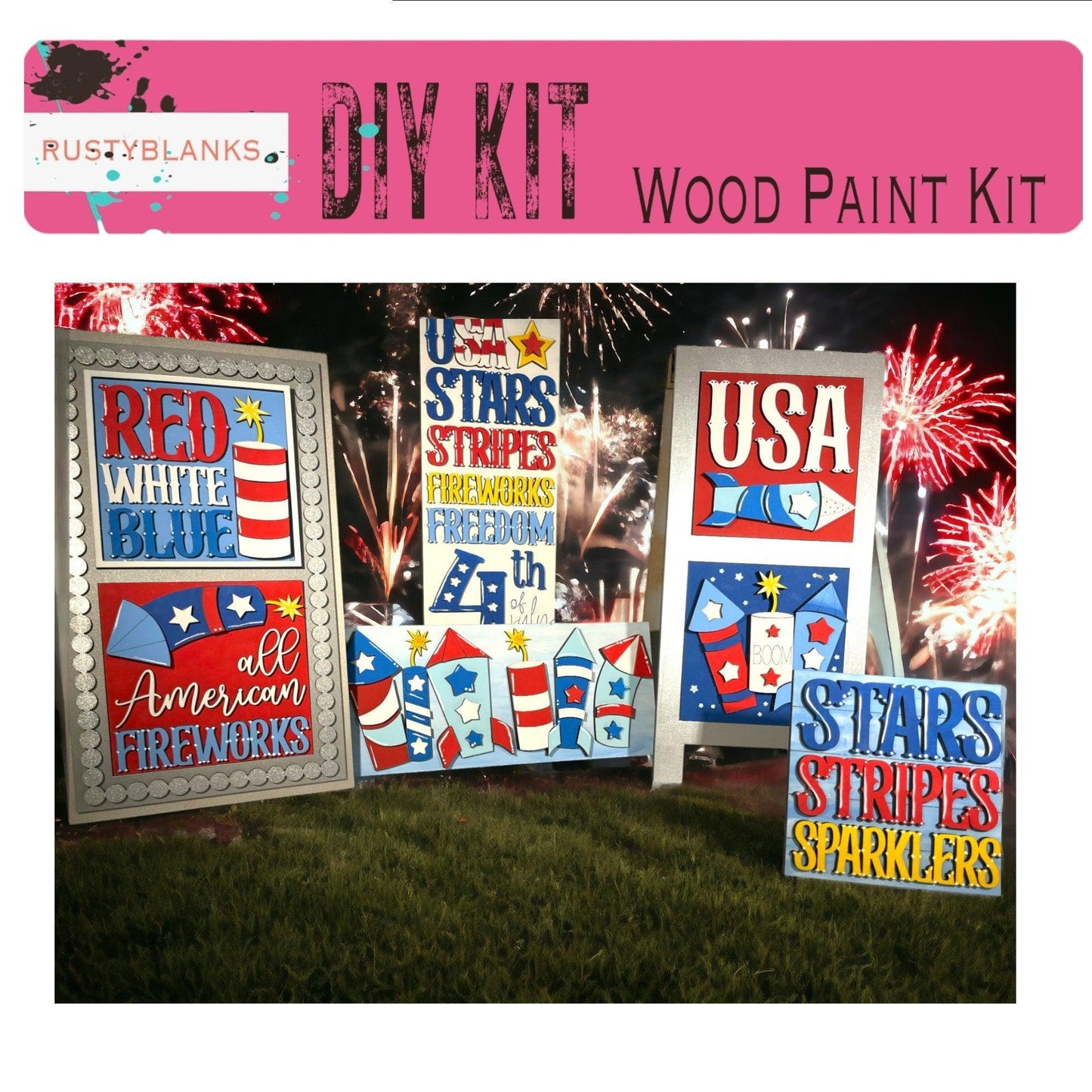 a group of patriotic signs with fireworks in the background