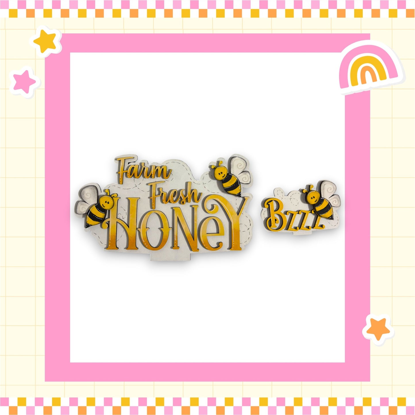 a pink and yellow border with a white background, and the text "Farm Fresh Honey" is displayed in a stylized font.