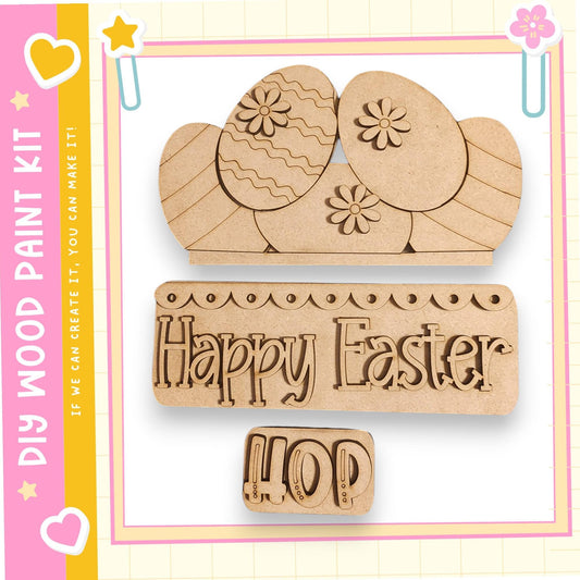 a DIY paint kit for creating Easter-themed decorations, including wooden Easter eggs and a "Happy Easter" sign.