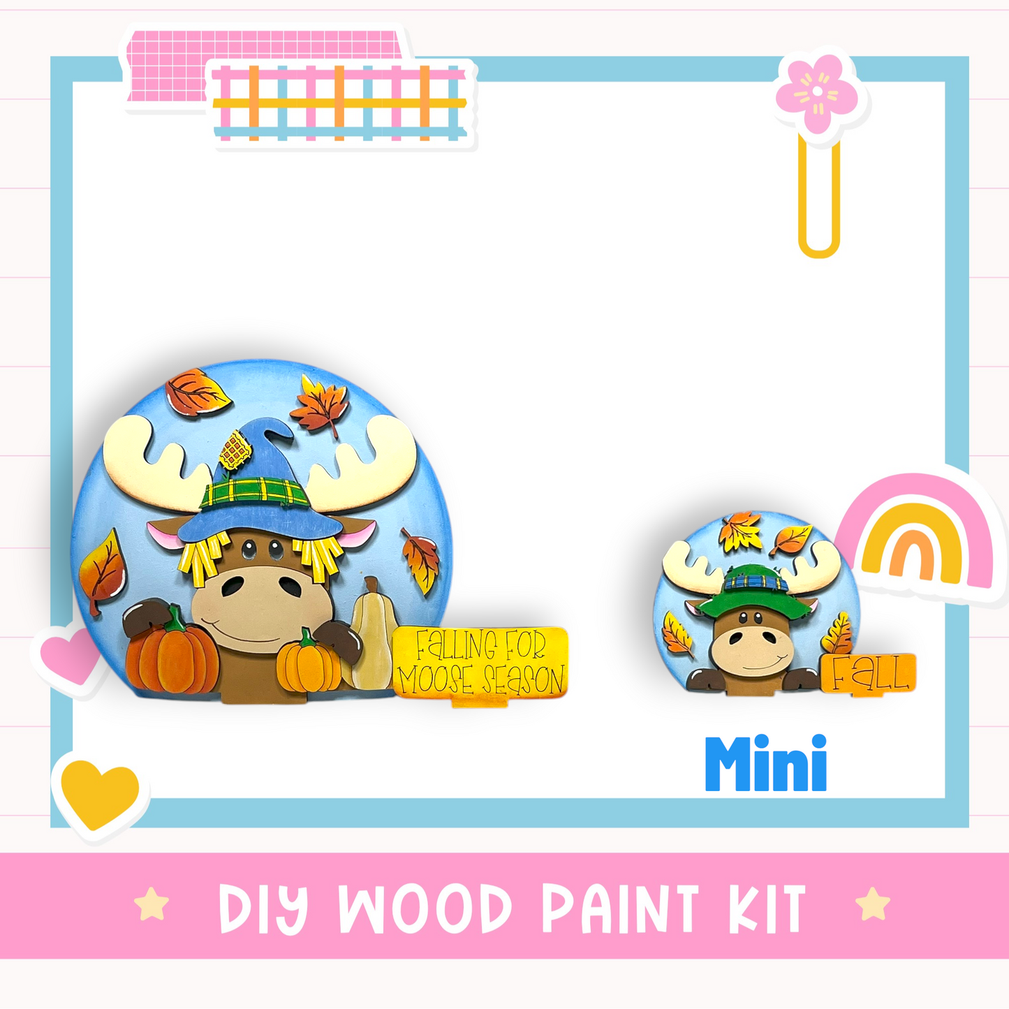 The image is a colorful and playful DIY wood paint kit featuring a cartoon moose character surrounded by autumn leaves and pumpkins.