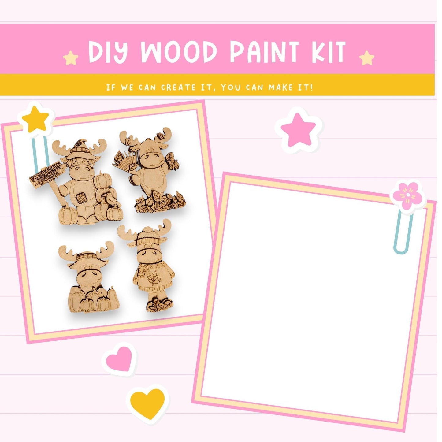The image is a DIY wood paint kit featuring wooden animal figurines, including moose and deer, along with a blank frame. The kit appears to be designed for creating custom wooden decorations or art pieces.