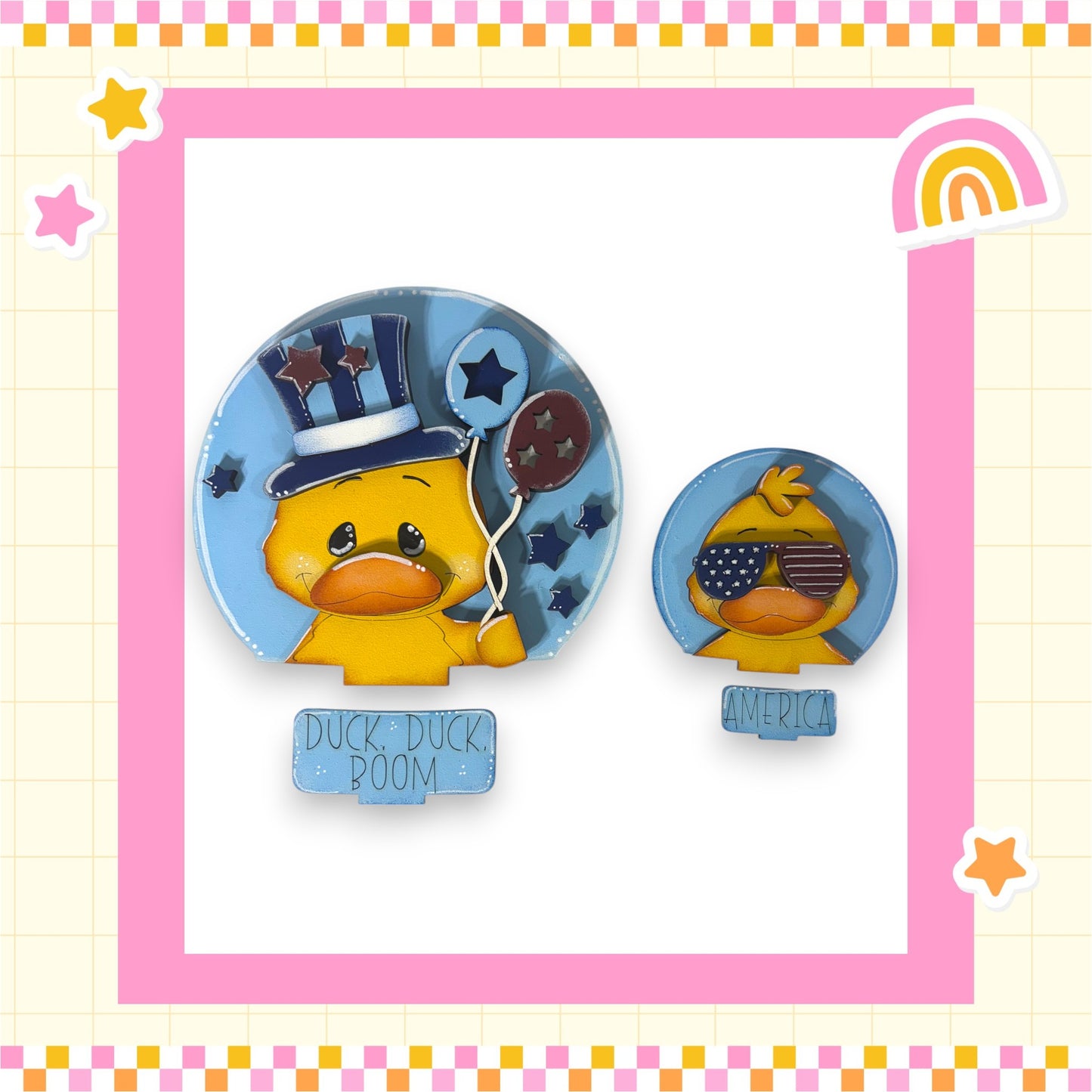 two cartoon duck characters, one wearing a top hat and the other wearing sunglasses, set against a pink and yellow checkered background.
