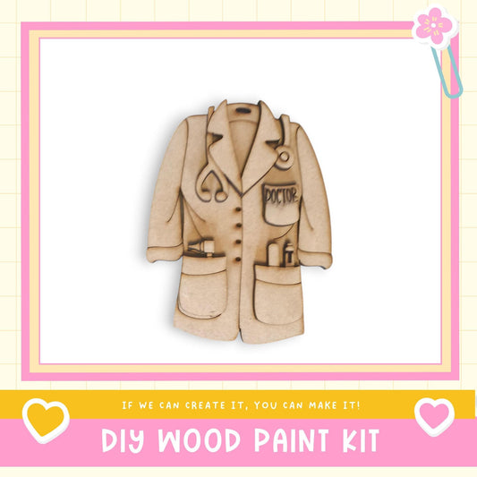 A wooden doctor's coat with pockets and a stethoscope, presented as a DIY wood paint kit.