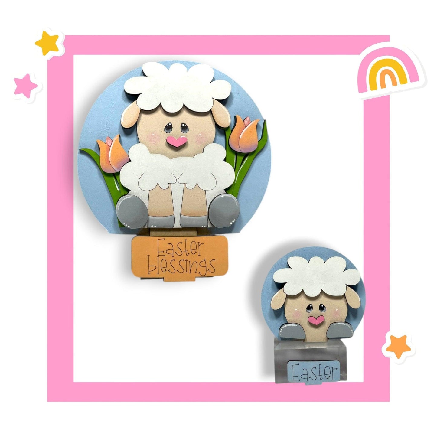 a picture of a sheep and a sign with a rainbow in the background