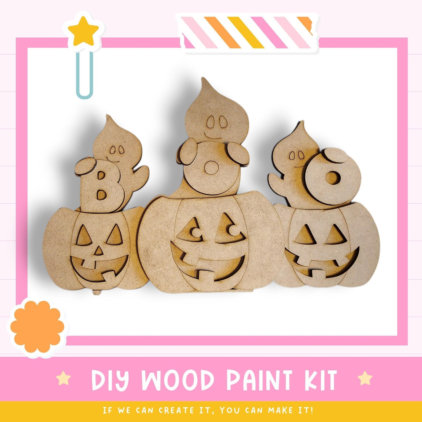 a DIY wood paint kit for creating Halloween decorations, including carved pumpkins and ghost figures.