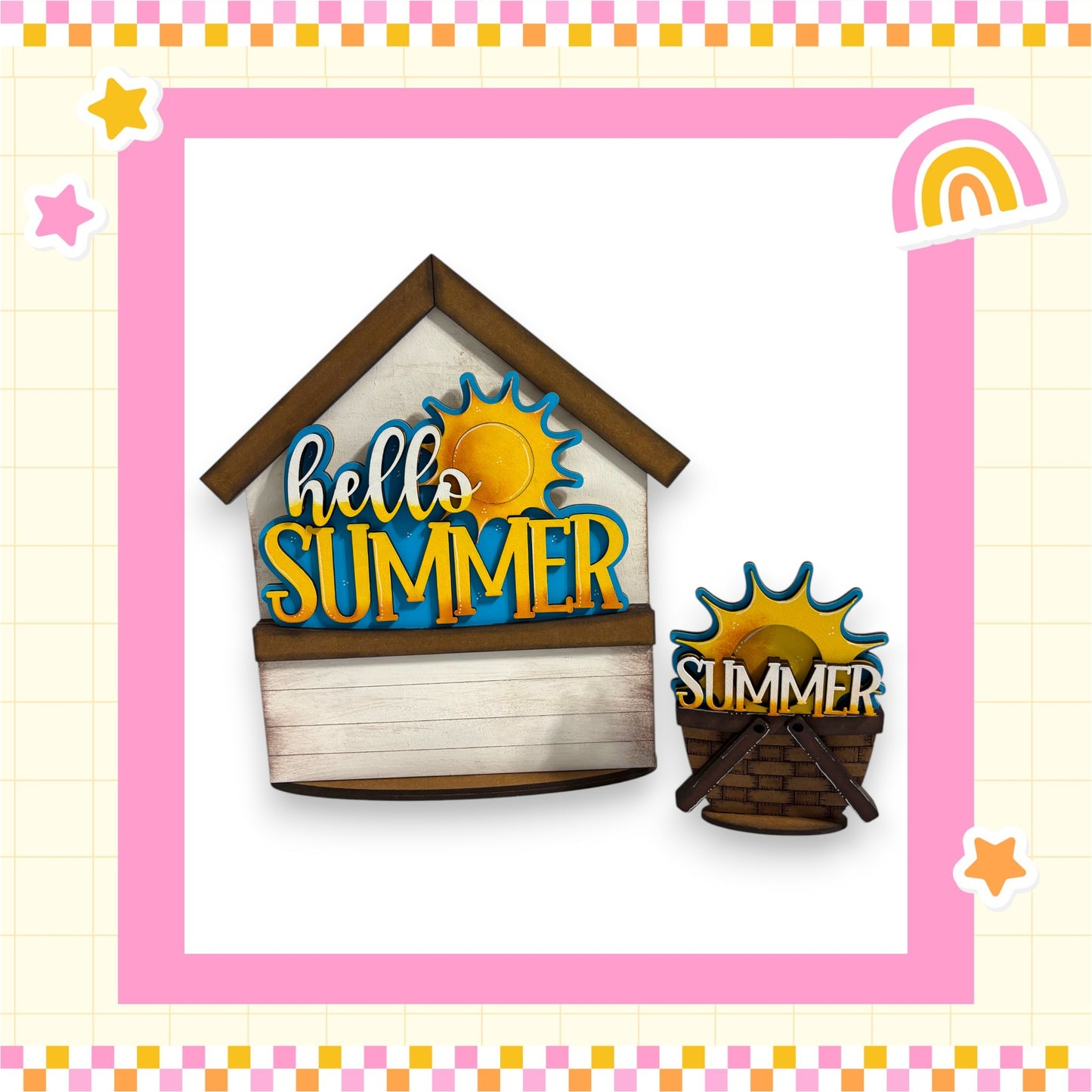 a wooden house with a sign that says "Hello Summer" in a cheerful, summery design.