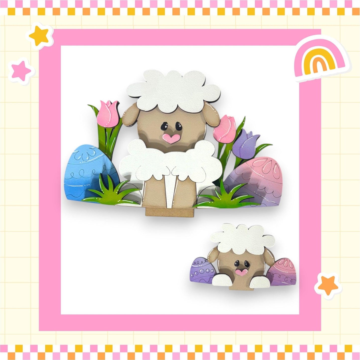 a picture of a sheep with flowers and eggs