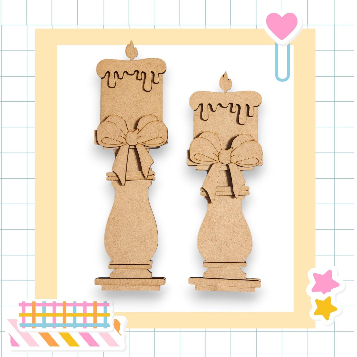 two wooden candle holders with bows, set against a grid background with colorful stickers.