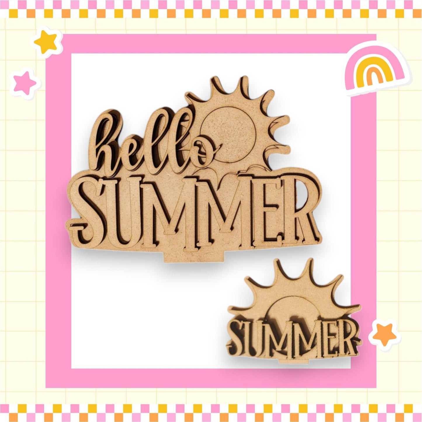 a wooden cutout of a sun and the words hello summer