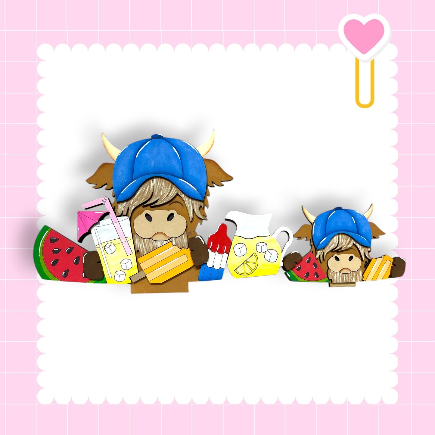 A cartoon image of two cows wearing blue hats and holding various objects, such as a watermelon, lemonade, and a cake, against a pink background with a heart shape.