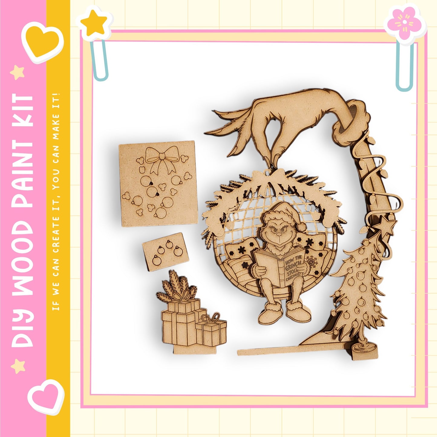 The image is a collage featuring various wooden cutouts and decorations, including a hand holding a Christmas tree, a wreath, and a gift box.