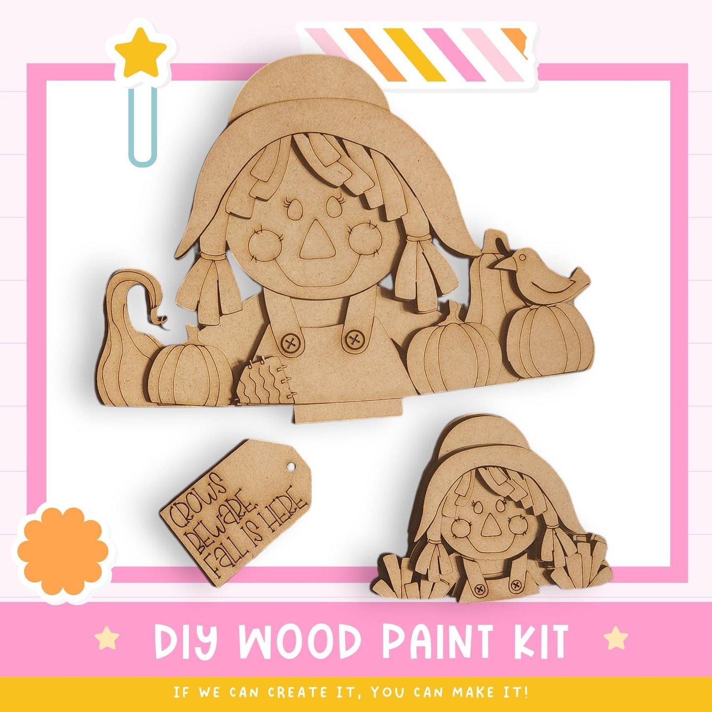 The image is a promotional poster for a DIY wood paint kit, featuring a wooden scarecrow figure and a tag with the text "Cousin Fall is HIDE".