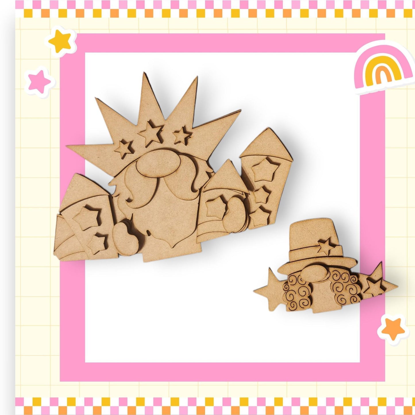 a wooden cutout of a cartoon character